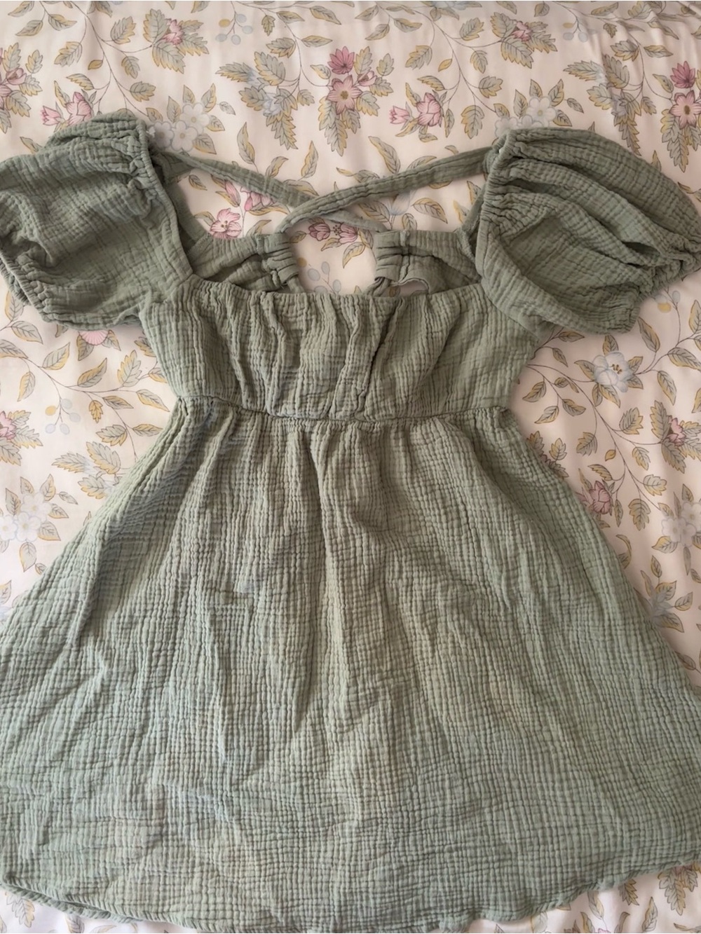 Princess Polly Sage Green Puff-Sleeve Smocked Bodice Dress Size S